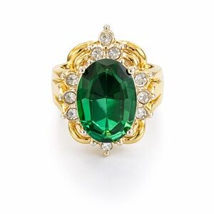 Vintage Emerald Green Cocktail Ring Size 8 14K HGE Plated Rhinestone Halo